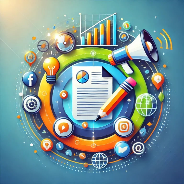 An icon representing Content Marketing, featuring a pencil and paper alongside a megaphone, symbolizing creative storytelling and impactful communication.